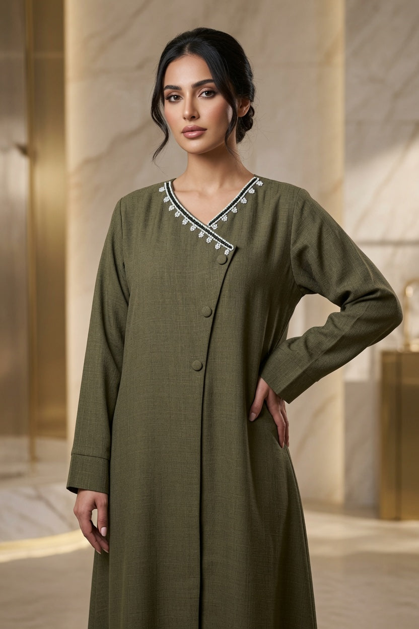 Olive Beaded Linen Abaya