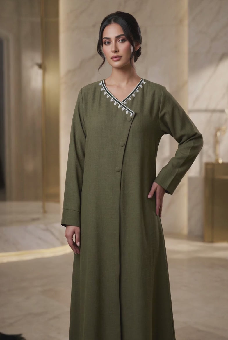 Olive Beaded Linen Abaya